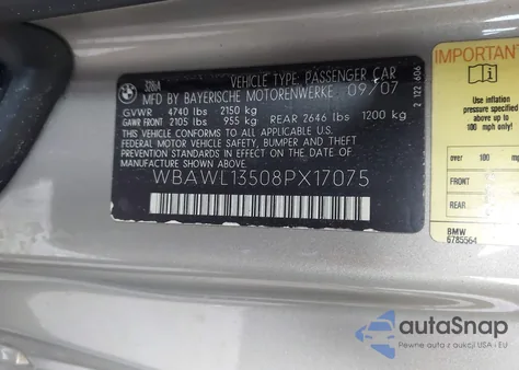 2008 BMW 328I из США, поврежденный, VIN WBAWL13508PX17075